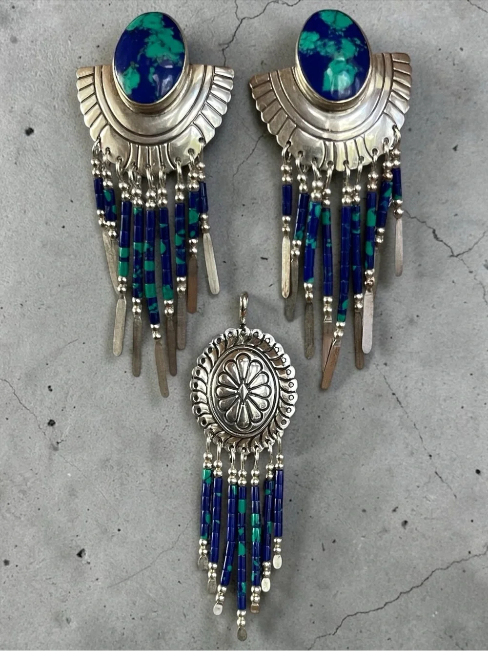 Azurmalachite Sterling Silver Earrings & Concho Pendant Set